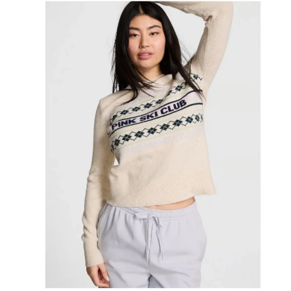 PINK Victoria's Secret Ski Club Collegiate Ivory Knit Crewneck Sweater XL NWT